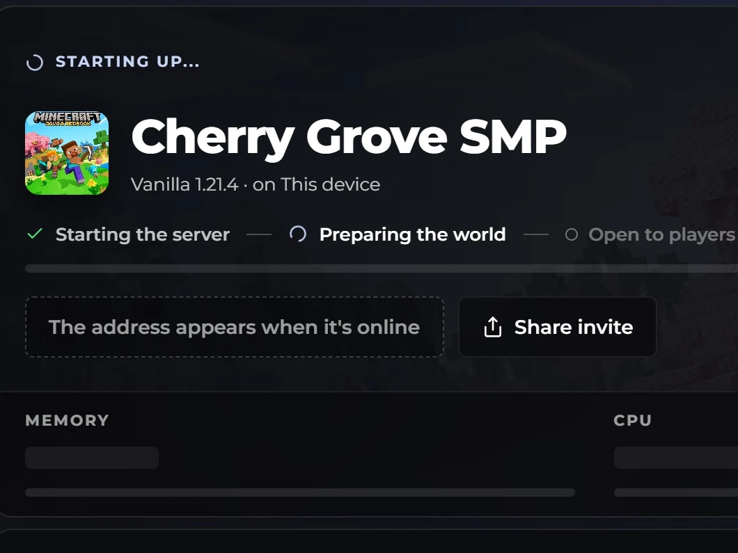 Cherry Grove SMP starting up: Starting the server, Preparing the world, Open to players